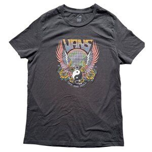 Vans X-Large Graphic Tee Yin Yang Wings Floral Design Black Short Sleeve Cotton